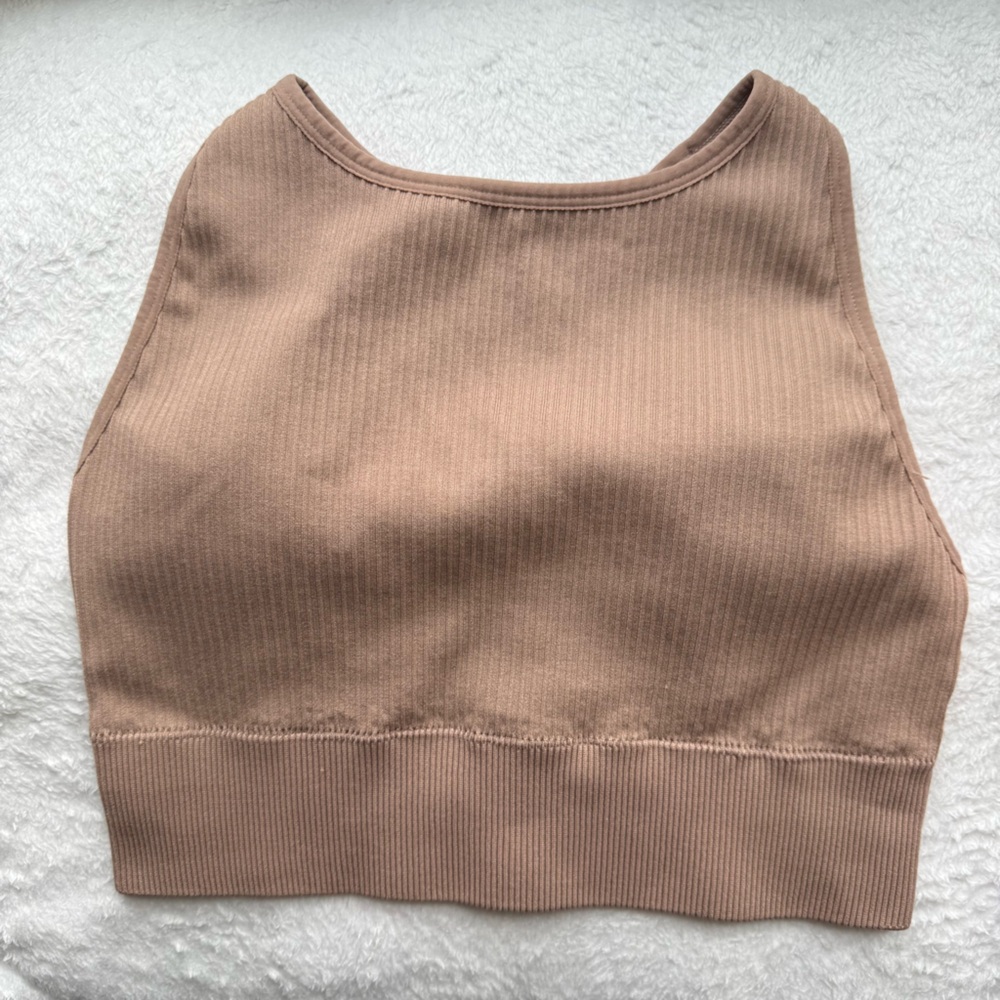 Ryka ribbed tan high neck sports bra
